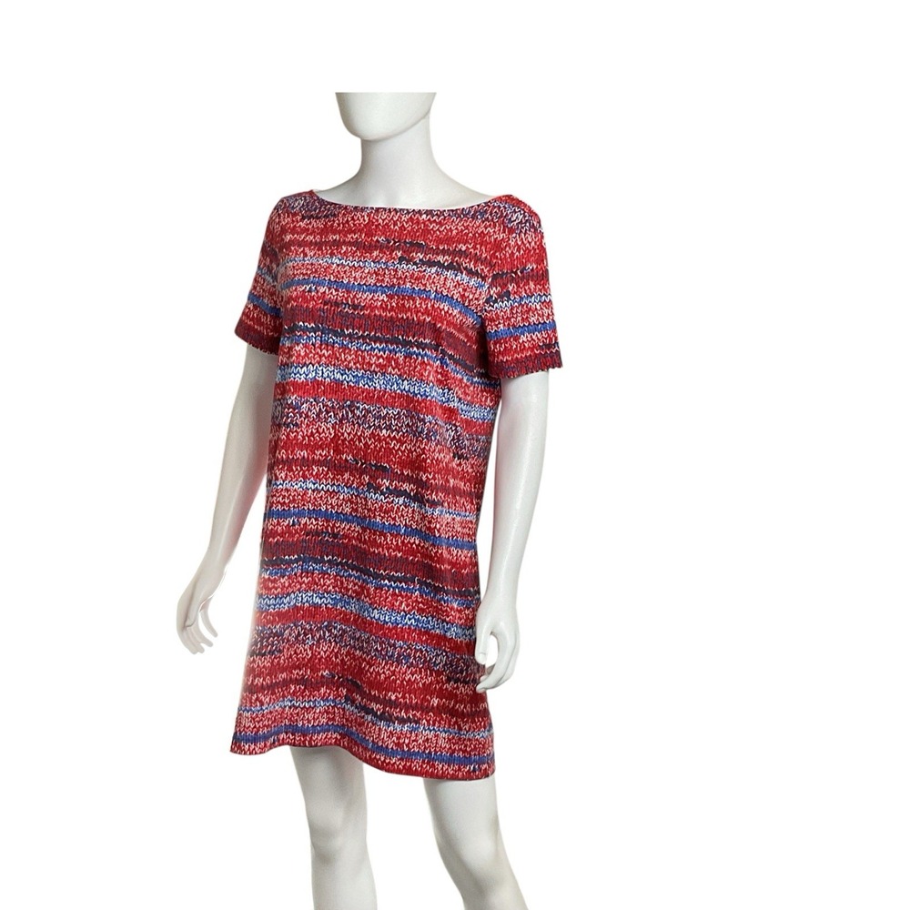 Tory‎ Burch Pima Cotton Red Blue Yarn Print Mini Short Sleeve Dress Size Large